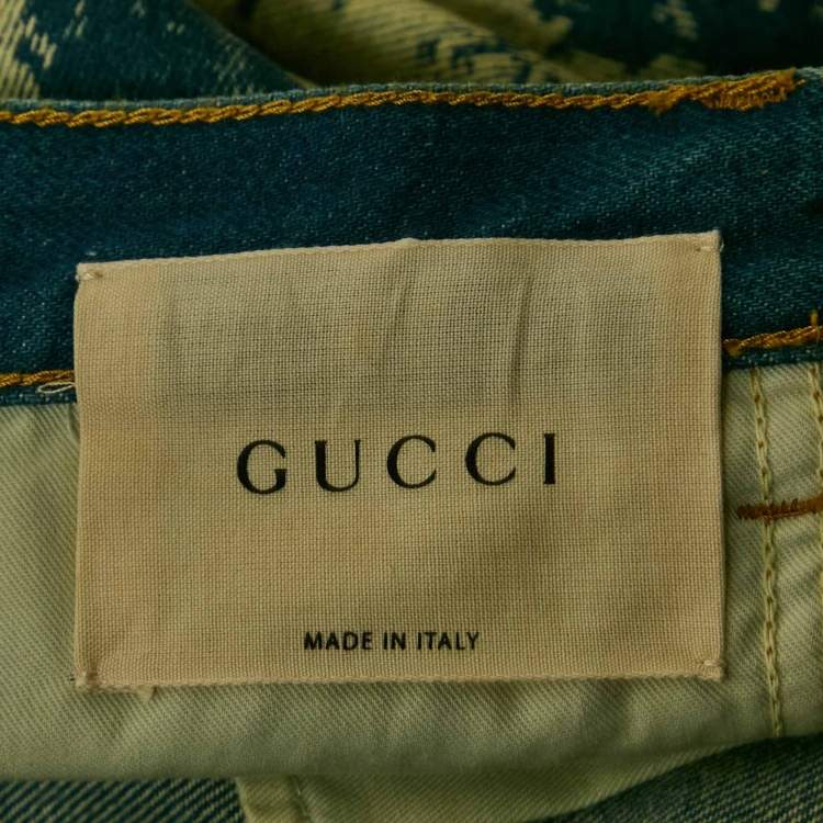 Pre Owned Gucci Blue/Cream Bleached Effect Denim Cat Applique Jeans S Waist 28"
