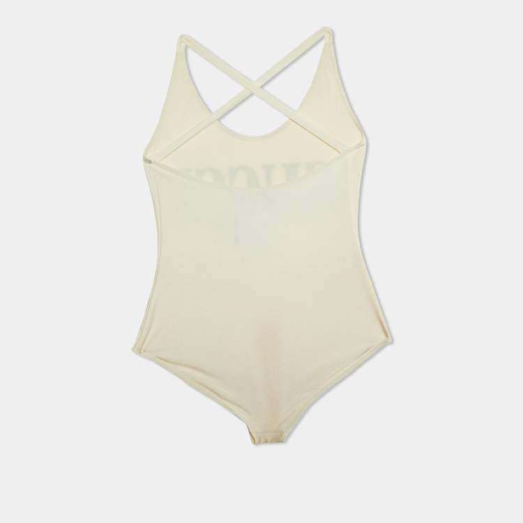 Pre Owned Gucci Off White Logo Print Jersey One-Piece Swimsuit M