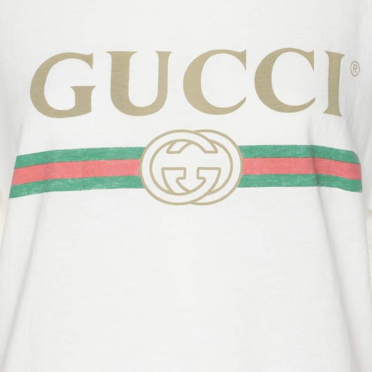 Pre Owned Gucci White Vintage Logo Print Jersey Distressed T-Shirt S