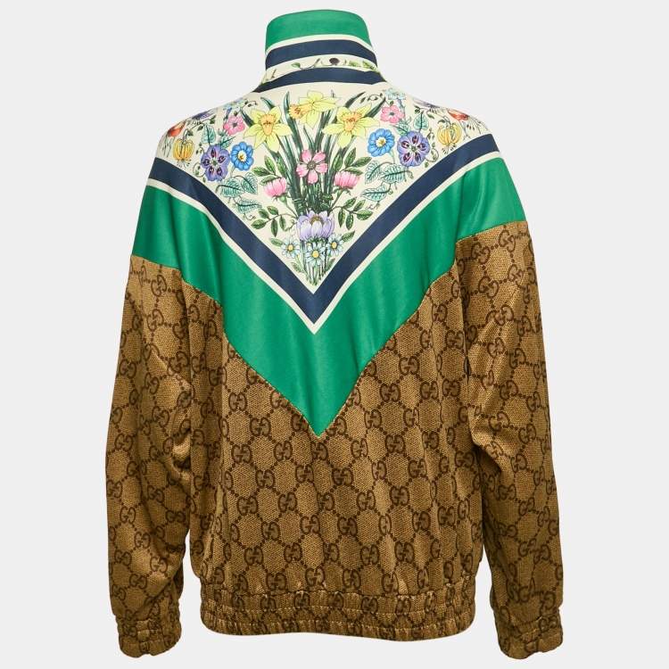Pre Owned Gucci Brown/Green Floral and GG Print Jersey Zip-Up Track Jacket XXS