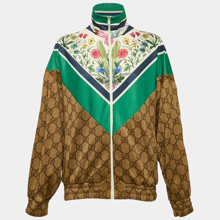 Pre Owned Gucci Brown/Green Floral and GG Print Jersey Zip-Up Track Jacket XXS