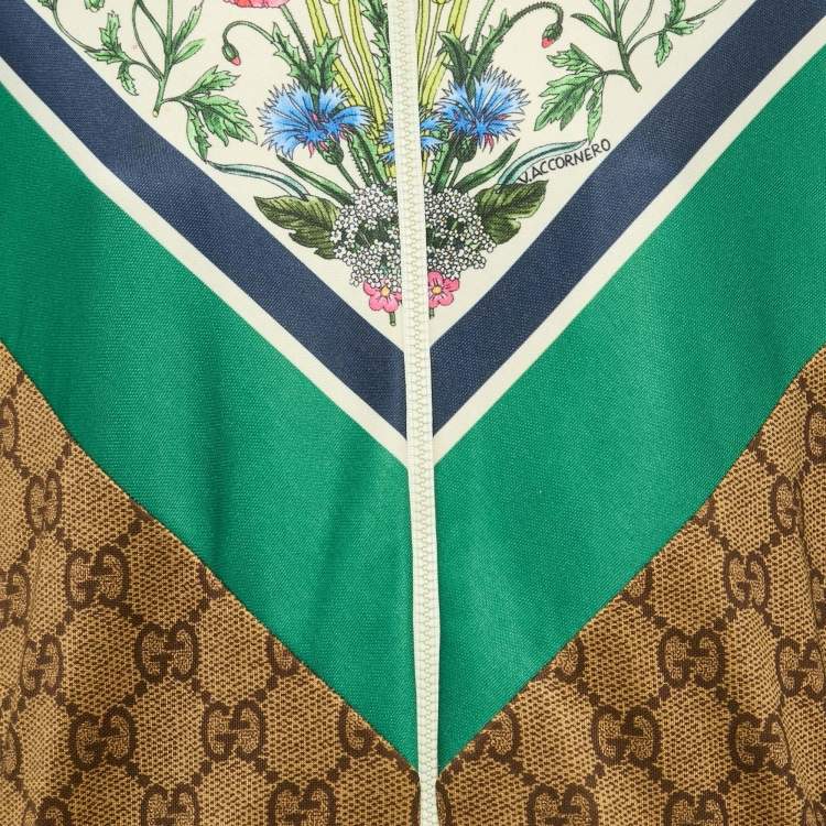 Pre Owned Gucci Brown/Green Floral and GG Print Jersey Zip-Up Track Jacket XXS
