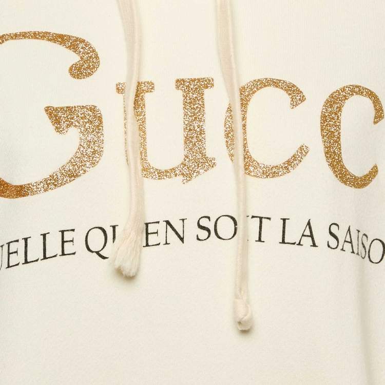 Pre Owned Gucci Off White Glitter Logo Print Cotton Hoodie XS