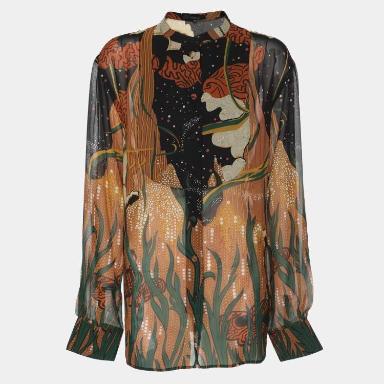 Pre Owned Gucci Multicolor Printed Silk Long Sleeve Blouse L