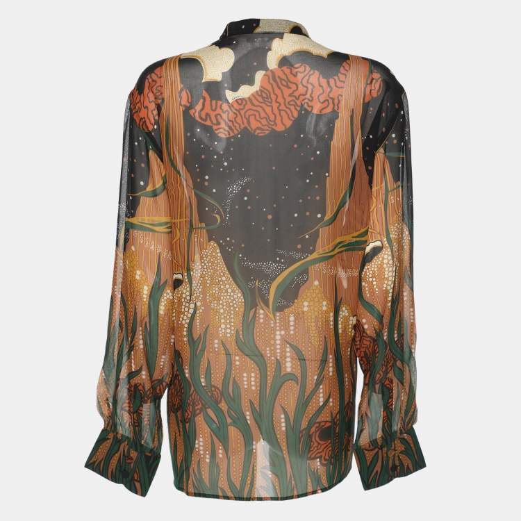 Pre Owned Gucci Multicolor Printed Silk Long Sleeve Blouse L