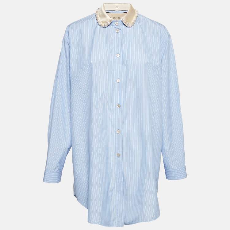 Pre Owned Gucci Blue Striped Cotton Pearl Embellished Collar Shirt M