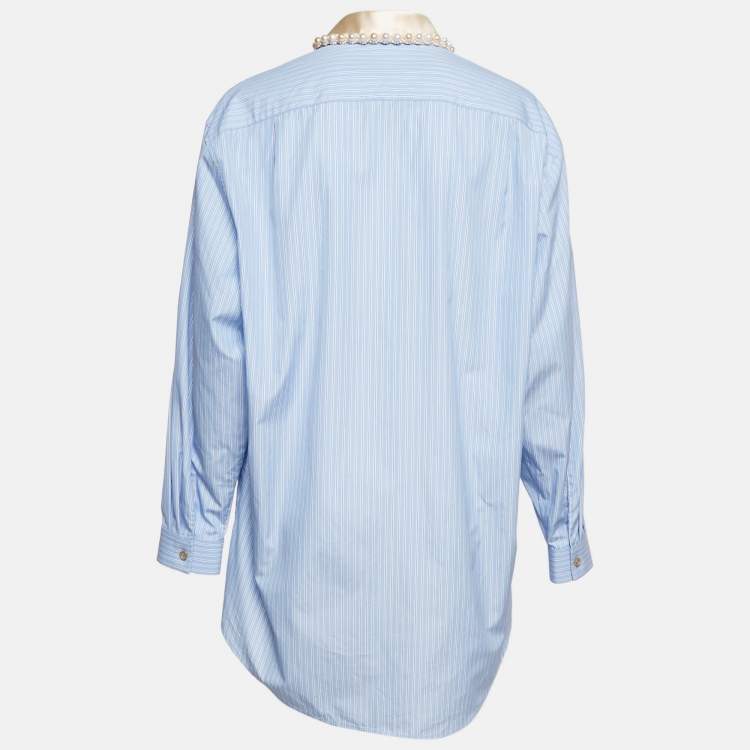 Pre Owned Gucci Blue Striped Cotton Pearl Embellished Collar Shirt M