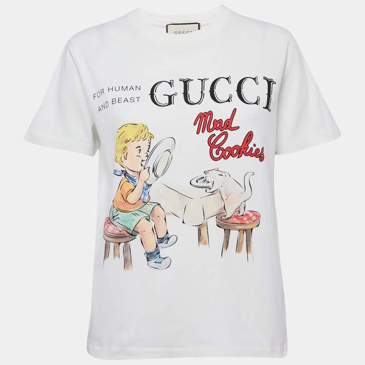Pre Owned Gucci White Mad Cookies Print Cotton Crew Neck T-Shirt XS