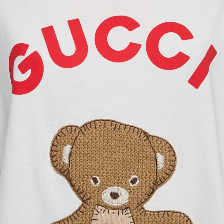 Pre Owned Gucci White Knitted Teddy Applique Jersey T-Shirt M