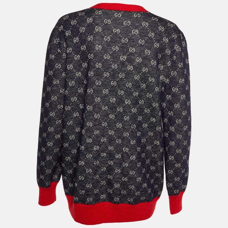 Pre Owned Gucci Navy Blue GG Jacquard Wool & Alpaca Button Front Cardigan L