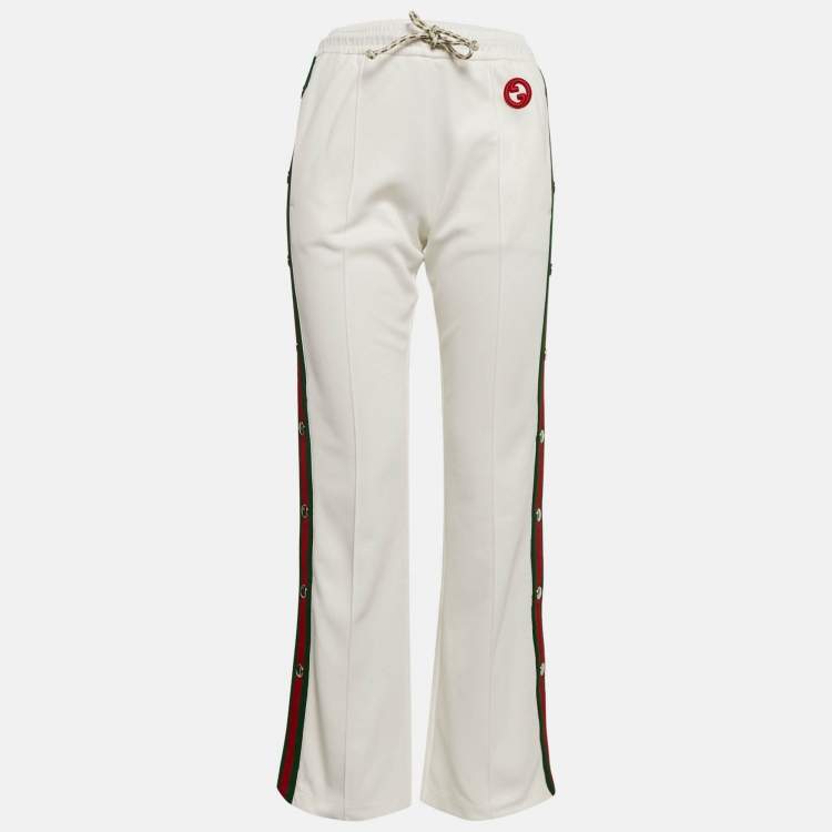 Pre Owned Gucci White Web Trim Jersey Buttoned Slit Detail Track Pants XS