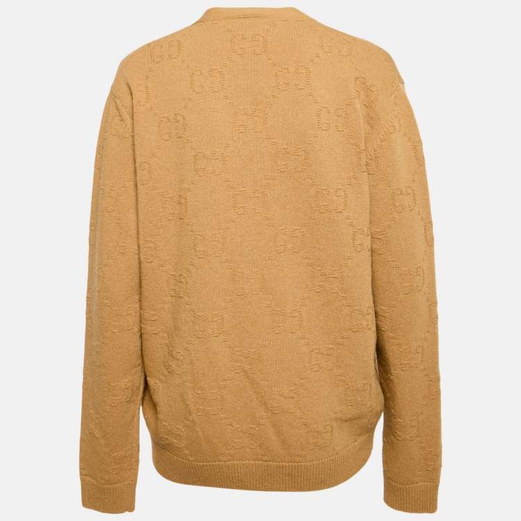 Pre Owned Gucci Brown GG Supreme Jacquard Knit Long Sleeve Cardigan M