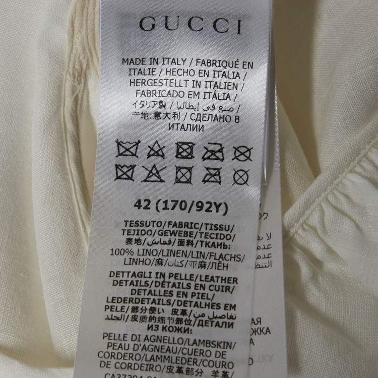 Pre Owned Gucci White Leather Buckle Trim Linen Ruffled Blouse M