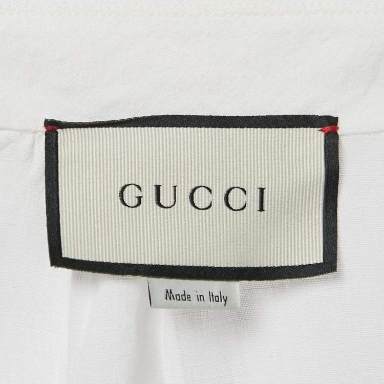 Pre Owned Gucci White Leather Buckle Trim Linen Ruffled Blouse M