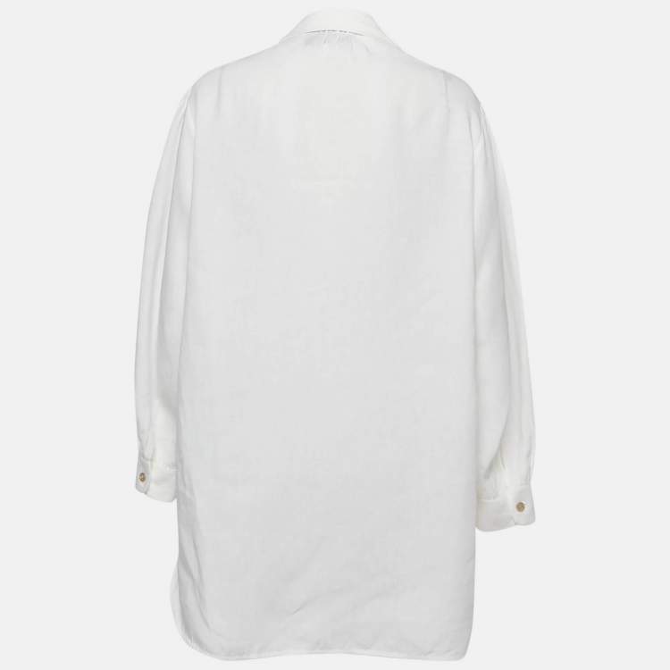 Pre Owned Gucci White Leather Buckle Trim Linen Ruffled Blouse M