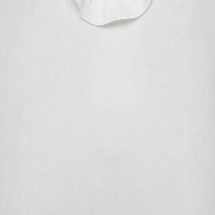 Pre Owned Gucci White Leather Buckle Trim Linen Ruffled Blouse M