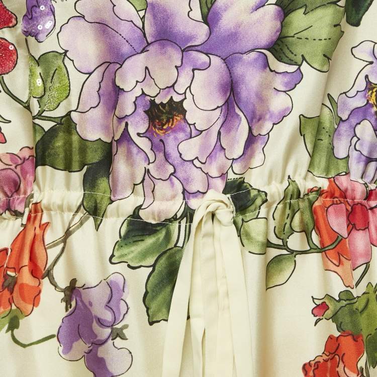 Pre Owned Gucci Black/Cream Floral Print Silk Cinched Waist Short Dress XS