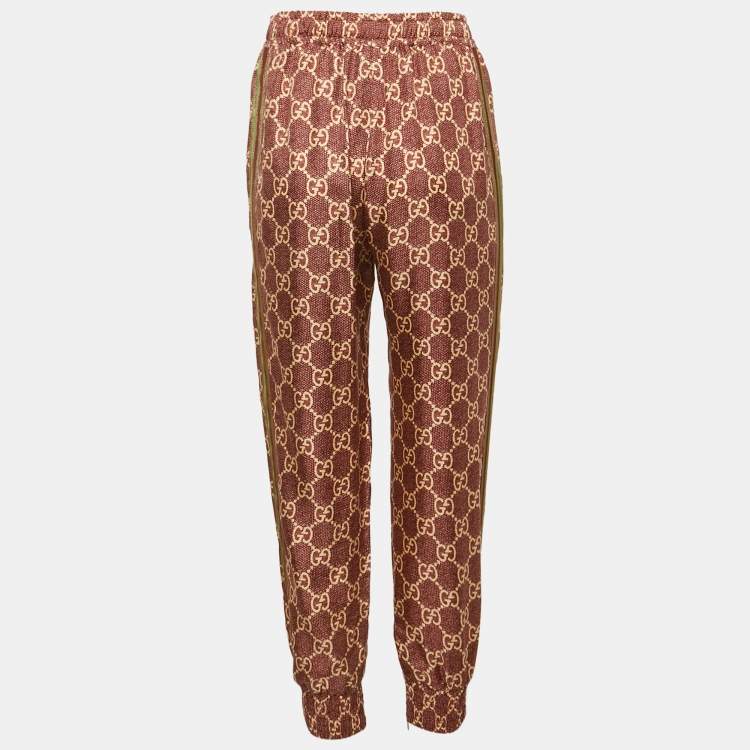 Pre Owned Gucci Burgundy GG Print Silk Side Tape Trimmed Joggers S