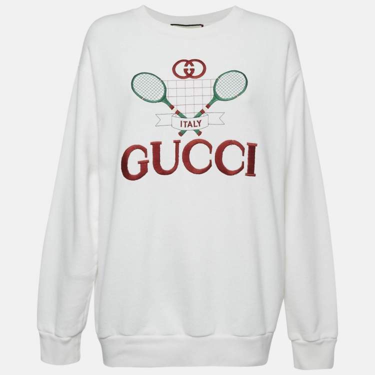 Pre Owned Gucci White Tennis Embroidery Cotton Oversized Sweatshirt M