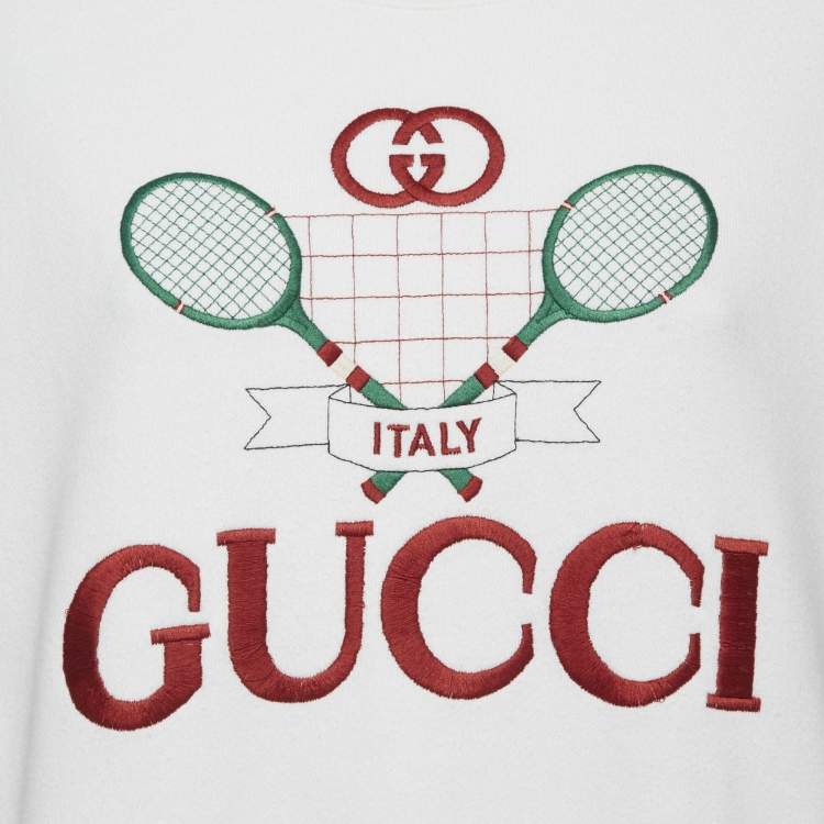 Pre Owned Gucci White Tennis Embroidery Cotton Oversized Sweatshirt M