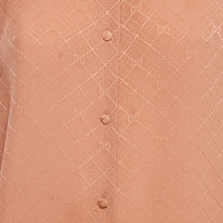 Pre Owned Gucci Coral Rose Pink Monogram Jacquard Silk Button Front Shirt L