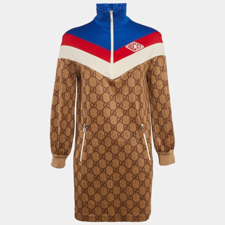 Pre Owned Gucci Brown GG Monogram Print Technical Jersey Web Detail Mini Dress XS
