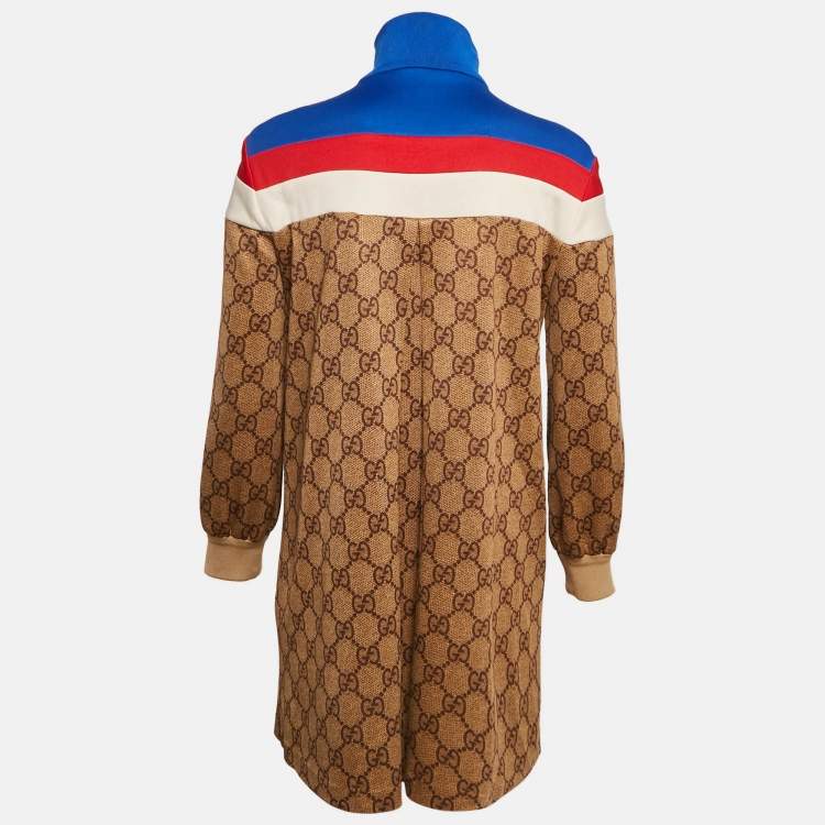 Pre Owned Gucci Brown GG Monogram Print Technical Jersey Web Detail Mini Dress XS
