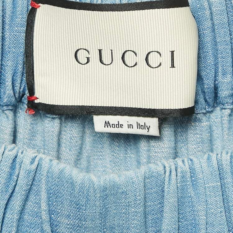 Pre Owned Gucci Blue Lace Trim Chambray Tiered Midi Skirt S