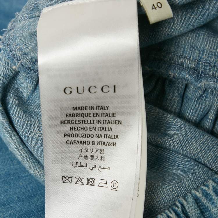 Pre Owned Gucci Blue Lace Trim Chambray Tiered Midi Skirt S