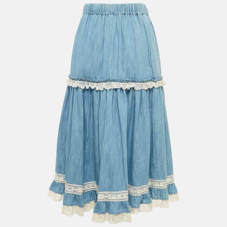 Pre Owned Gucci Blue Lace Trim Chambray Tiered Midi Skirt S