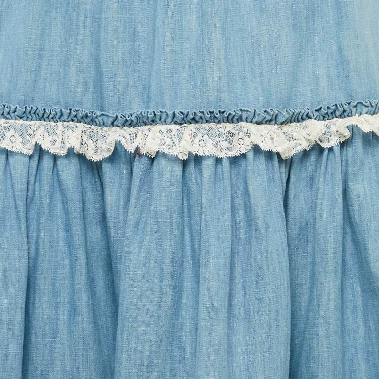 Pre Owned Gucci Blue Lace Trim Chambray Tiered Midi Skirt S