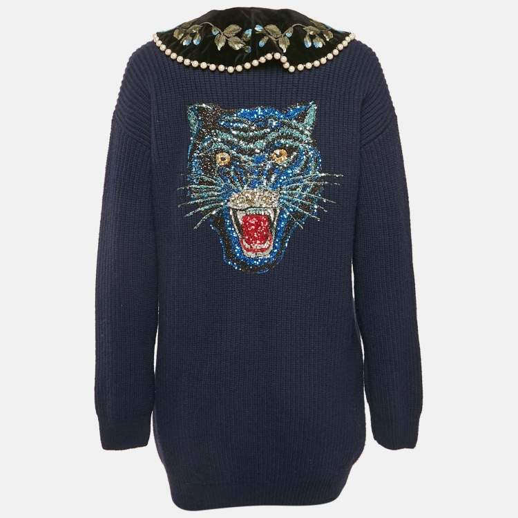 مملوكة مسبقًا Gucci Navy Blue Embroidered Wool Pearl Detail Button Front Cardigan XS