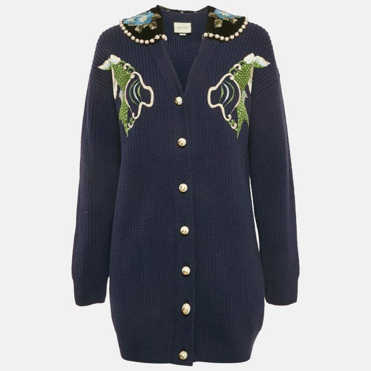 مملوكة مسبقًا Gucci Navy Blue Embroidered Wool Pearl Detail Button Front Cardigan XS