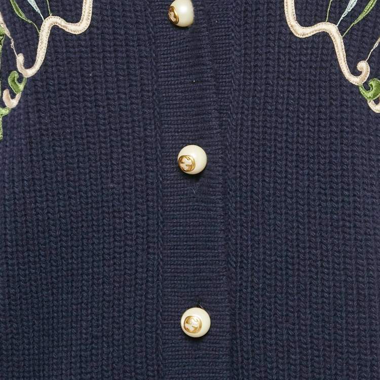 مملوكة مسبقًا Gucci Navy Blue Embroidered Wool Pearl Detail Button Front Cardigan XS