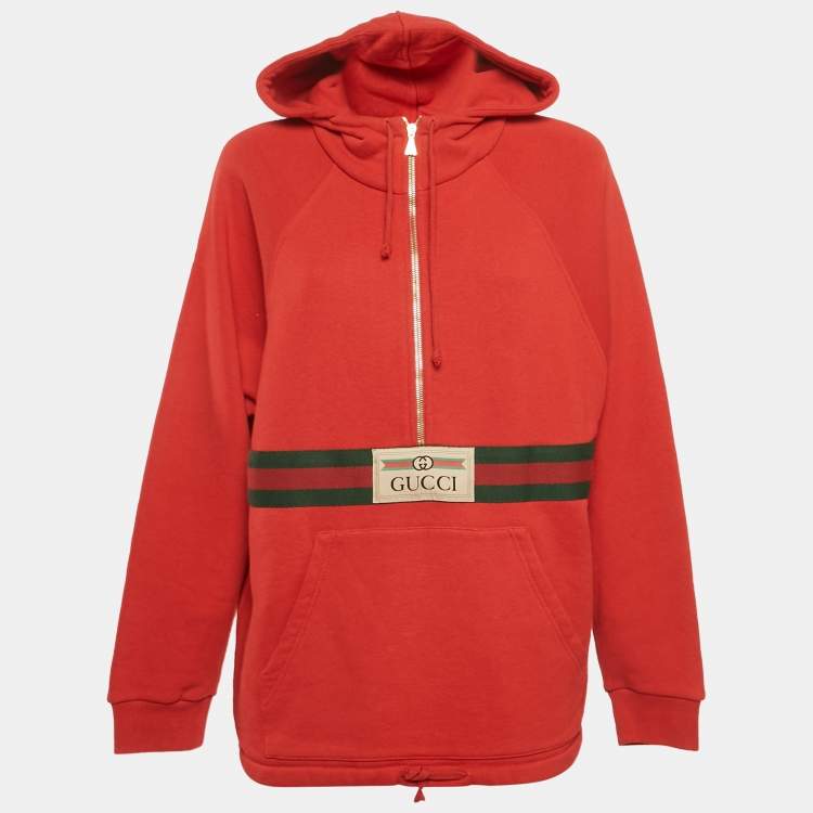 مملوكة مسبقًا Gucci Red Cotton Web and Gucci Label Hooded Sweatshirt XXS