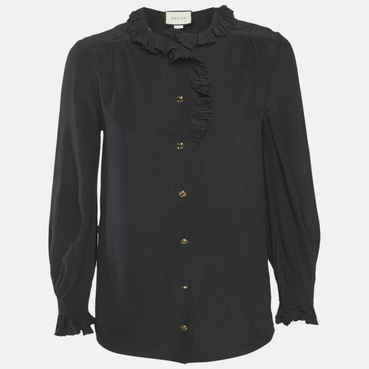 مملوكة مسبقًا Gucci Black Silk Ruffled Long Sleeve Shirt M
