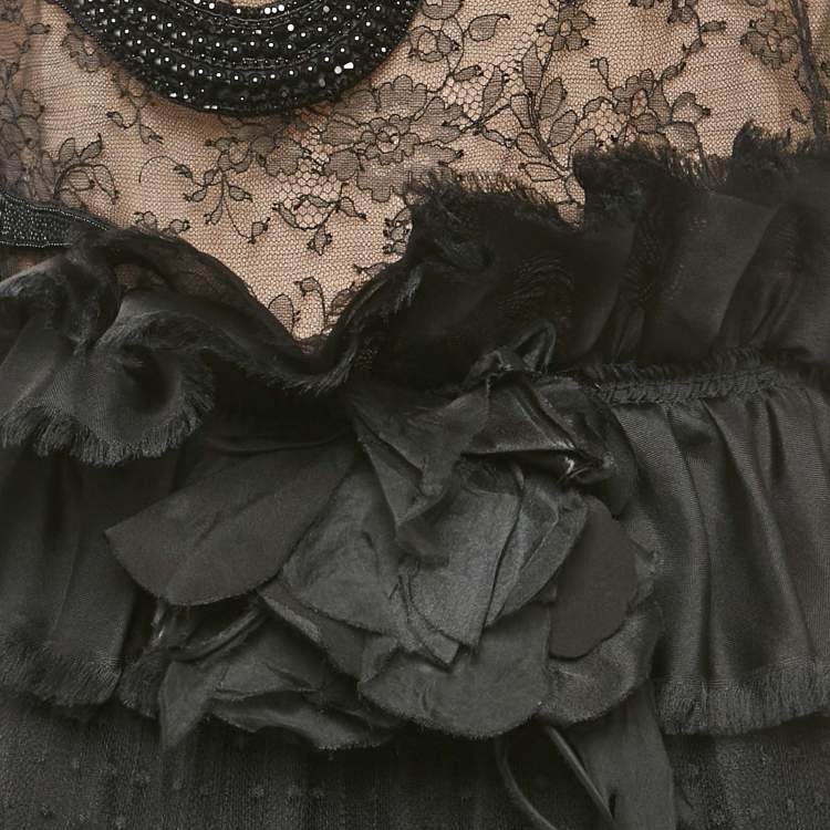 Pre Owned Gucci Black Beaded Crepe and Tulle Tiered Gown M