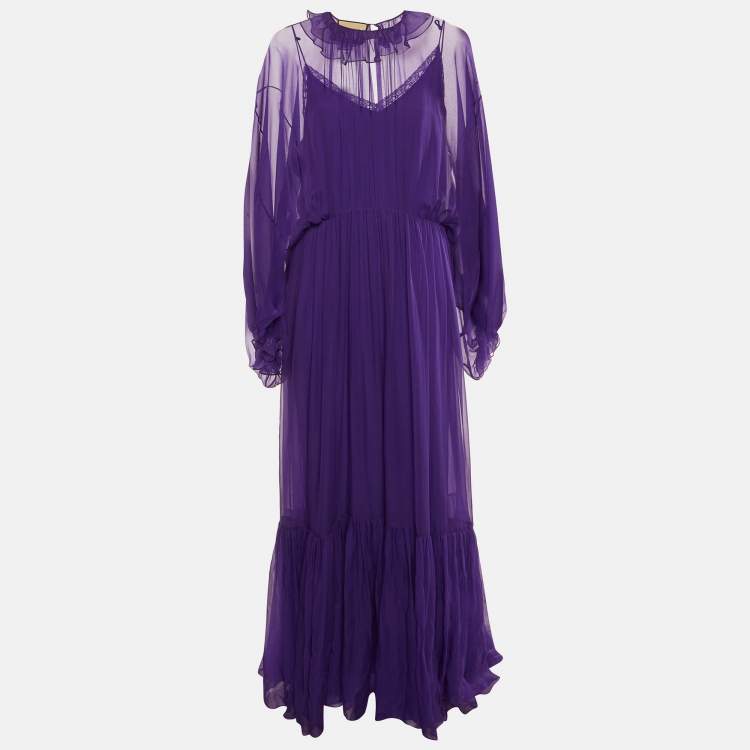 Pre Owned Gucci Purple Chiffon Gathered Maxi Dress L