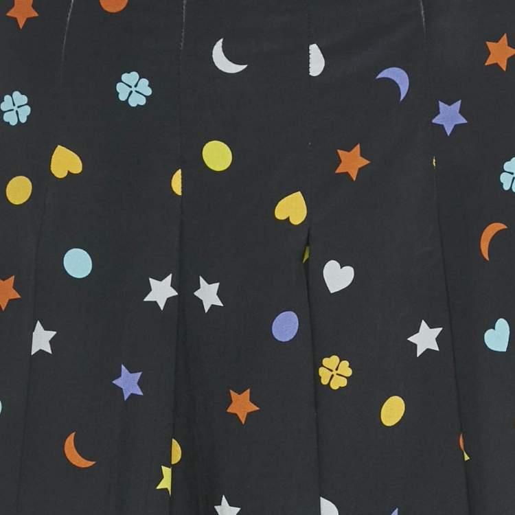 Pre Owned Gucci Blck Printed Silk Pleated Midi Skirt M