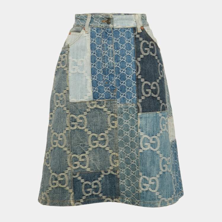 Pre Owned Gucci Blue GG Patchwork Denim High Waist Skirt M