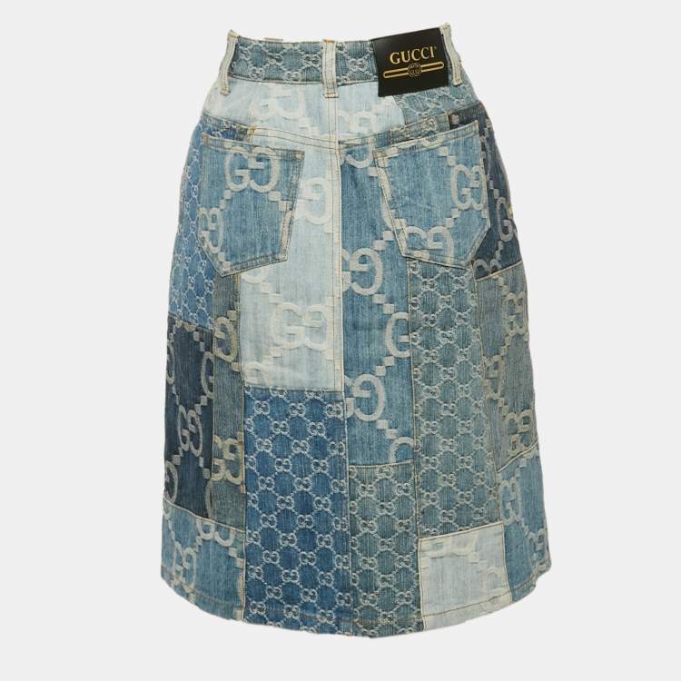 Pre Owned Gucci Blue GG Patchwork Denim High Waist Skirt M