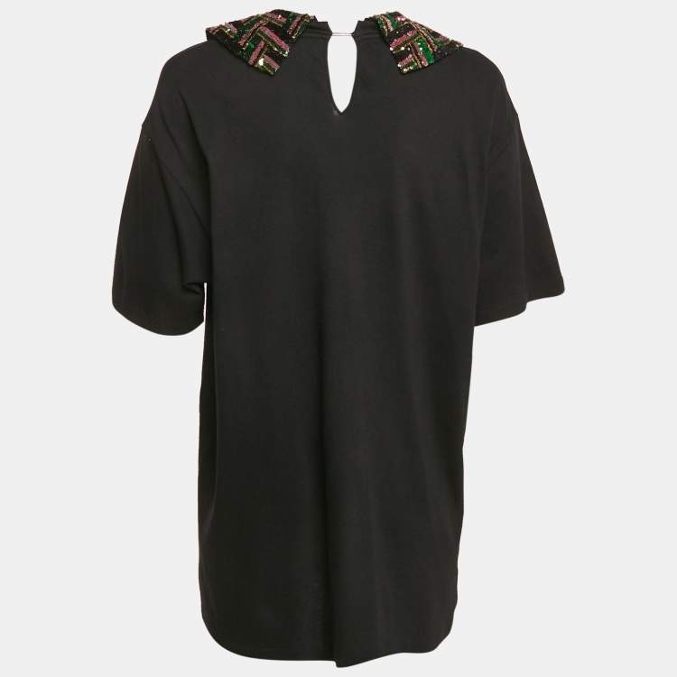 مملوكة مسبقًا Gucci Black Cotton Knit Detachable Embellished Coollar Detail T-Shirt L