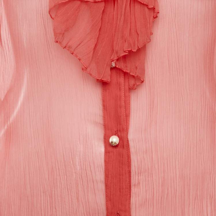 Pre Owned Gucci Pink Silk Chiffon Ruffle Neck Detail Button Front Sheer Top M