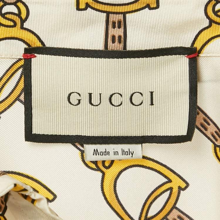 Pre Owned Gucci Off-White Horse-bit Print Silk Button Front Belted Short Dress L