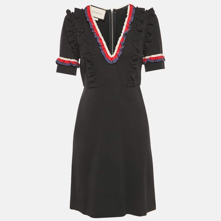 Pre Owned Gucci Black Jersey Ruffled Detail Sheath Dress M