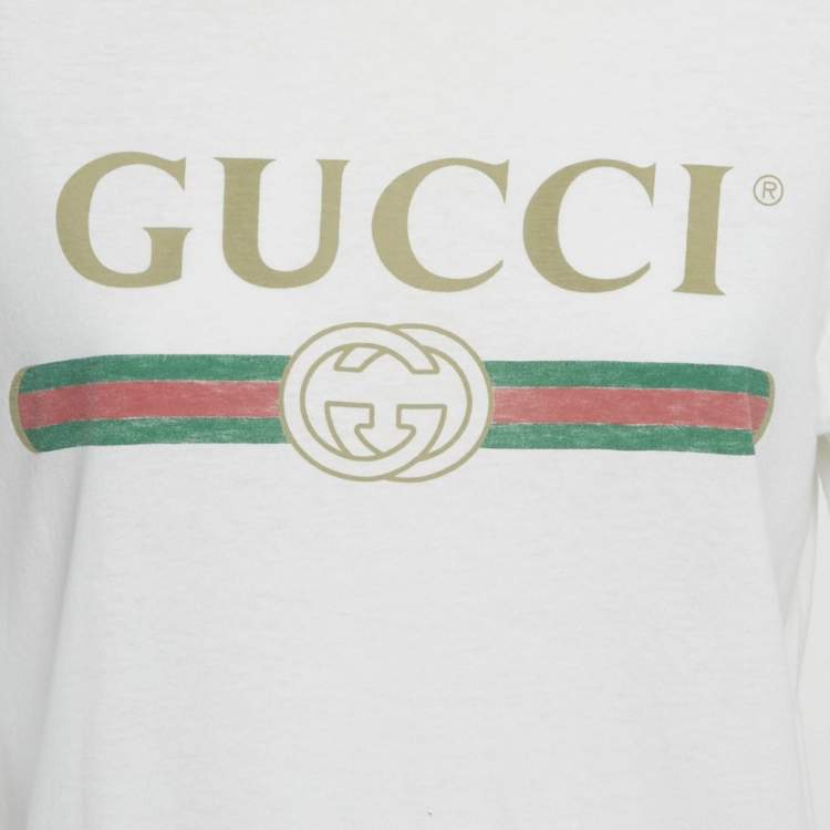 مملوكة مسبقًا Gucci White Vintage Logo Print Jersey Distressed T-Shirt XXS