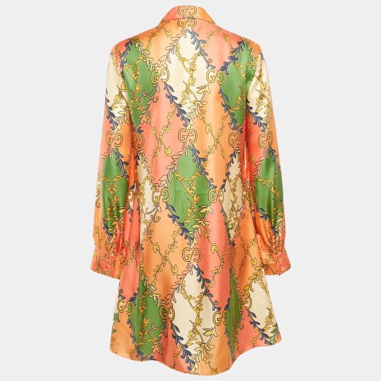 Pre Owned Gucci Orange GG Rhombus Ramage Silk Shirt Dress M