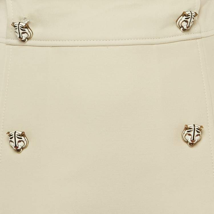 Pre Owned Gucci Light Beige Wool and Silk Tiger Brooch Detail Knee-Length Skirt S