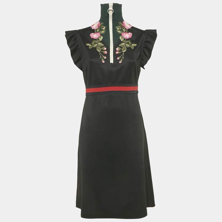 Pre Owned Gucci Black Floral Embroidered Knit Turtle Neck Mini Dress L 