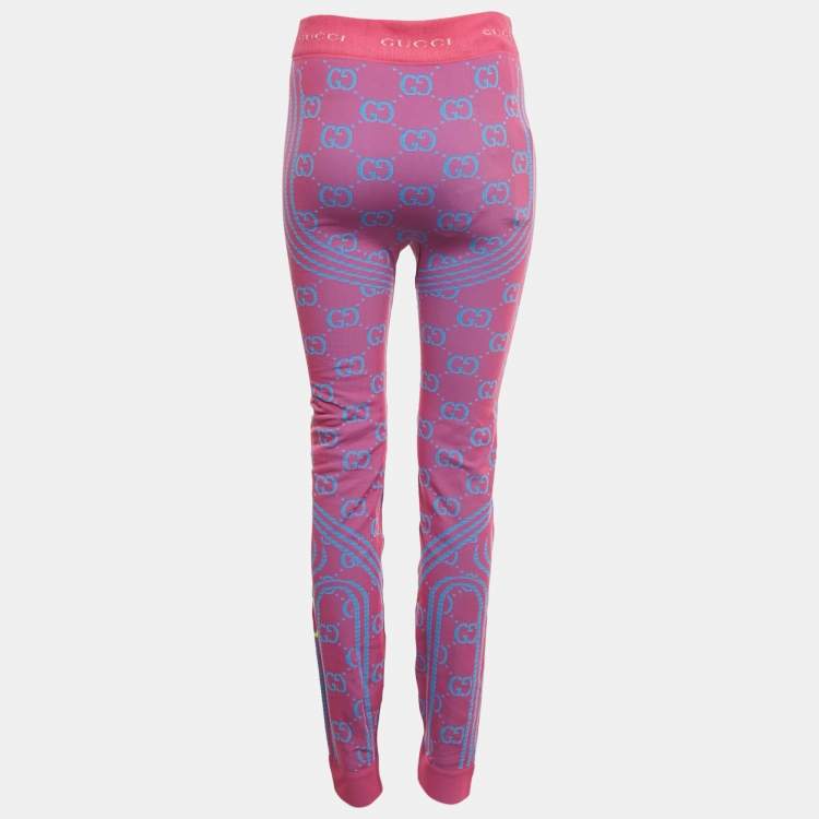 Pre Owned Gucci Pink/Blue GG Jacquard Technical Jersey Leggings M